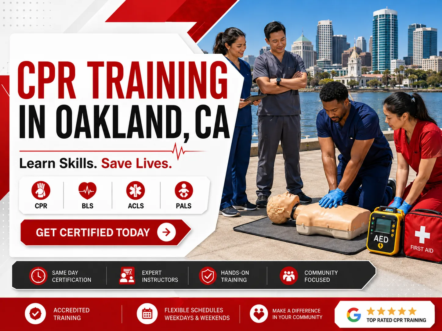 AED demonstration during CPR class in Oakland, CA